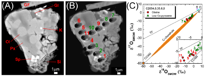 (A) An electron microscope cross-sectional image of an ultrafine substance emitted from a short-period comet (a trans-Neptunian object).
(B) 11 holes show the spots at which the oxygen isotope ratios were measured.
(C) The oxygen isotope ratios measured. The data numbers correspond to those in (B).