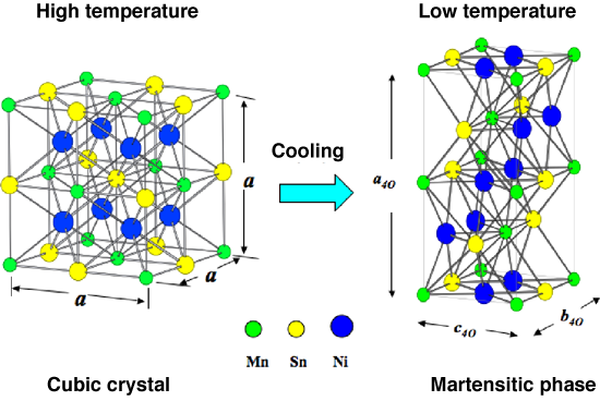 Fig. 2 Crystal structures of Ni2Mn1-xSn1-x in high-temperature phase (cubic phase) and low-temperature phase (martensitic phase)