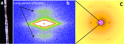 Fig. 3 (a) Vinylon fiber with a diameter of 15 µm, (b) SAXS pattern and (c) WAXS pattern of the fiber