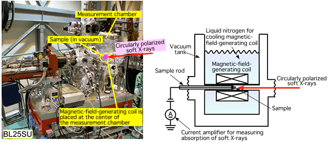 Fig. 1	XMCD measurement setup equipped with pulsed high-magnetic-field generator (left) and schematic of cross-sectional image of measurement chamber (right)