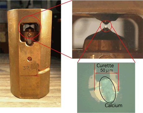 Fig. 2 	Photographs of high-pressure apparatus (left; diamond anvil cell right) and sample in apparatus (right)