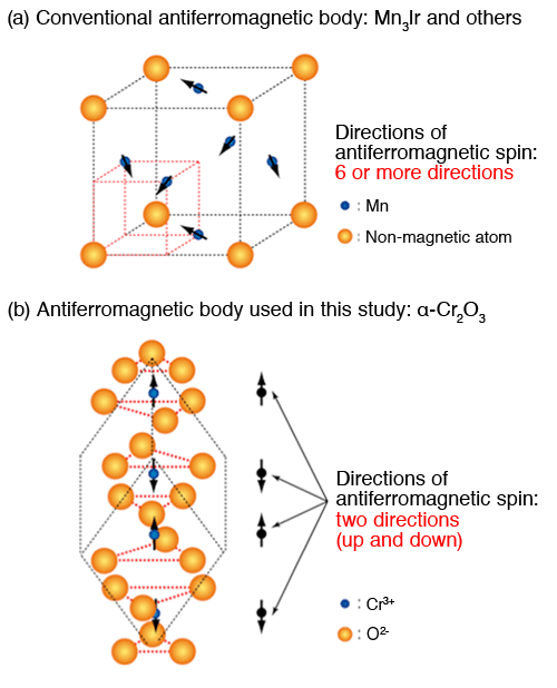 Fig. 1. Difference in the directions of antiferromagnetic spin in a conventional antiferromagnetic body (Mn-alloy, e.g. Mn3Ir) and in the target of this research.