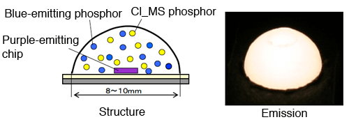 Fig. 1 Configuration of the newly developed white LED, and how it looks when lit.