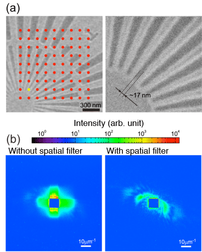 Fig. 2	(a) Scanning electron microscopy image of test chart.  Red dots indicate the positions of X-ray irradiation. (b) Diffraction pattern observed when the position indicated by a yellow dot is irradiated with X-rays