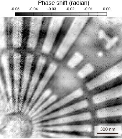 Fig. 3	Phase shift image of test chart visualized by focused X-ray ptychography with spatial filter