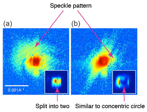 Fig. 2	Characteristic coherent Bragg diffraction patterns observed in single-crystal silicon thin film (shown with logarithmic scale)