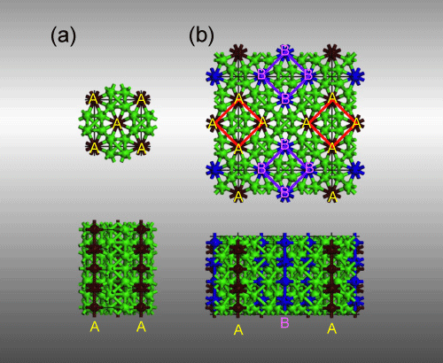 Fig. 2	(a) Already-known host-guest structure such as that observed in potassium and (b) crystal structure of phase VII calcium at 241 GPa analyzed in this study