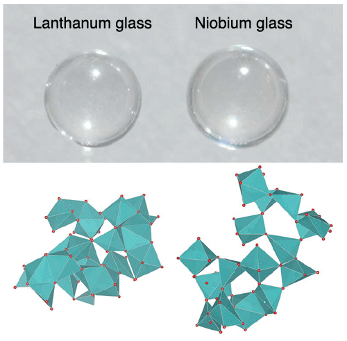 Fig. 2	Lanthanum glass (La2O3-rich) and niobium glass (Nb2O5-rich) synthesized by containerless processing