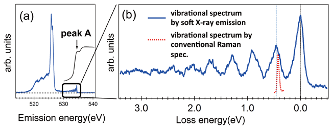 Figure 2  (a) Soft X-ray absorption/emission spectra and (b）Expanded scale of the soft X-ray emission spectrum in the multiple vibrational excitation region