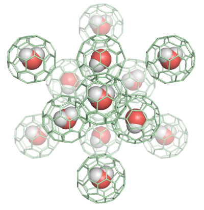 Fig. 3	Crystal structure of fullerene that traps a water molecule, H2O@C60 (at -250 oC)