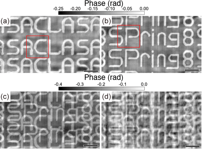 Fig. 2	Reconstructed images of specimen. Phase maps of (a) first and (b) second layers reconstructed by multislice approach. (c) Projected image obtained by superimposing maps (a) and (b). (d) Projected image reconstructed by conventional method.