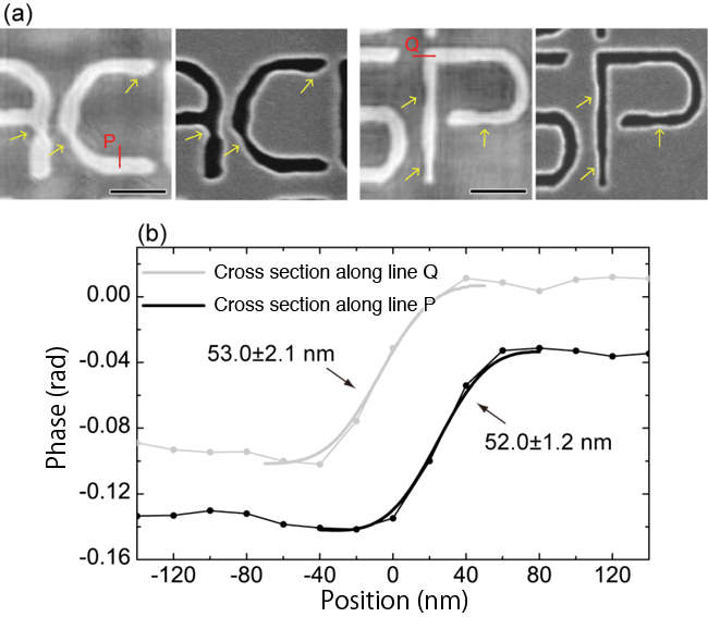 Fig. 3	(a, left) Enlarged images of regions enclosed by red box in Figs. 2(a) and 2(b). (a, right) Electron microscopy images of the same regions. (b) Cross-sectional profiles of positions indicated by red lines.