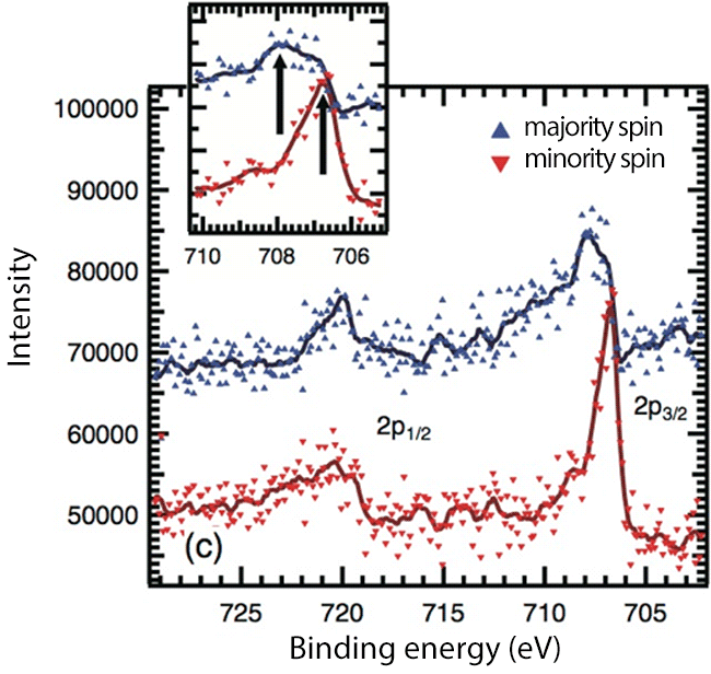 Spin-resolved Fe 2p core-level spectra of the FeNi alloy film buried under a Au capping layer.