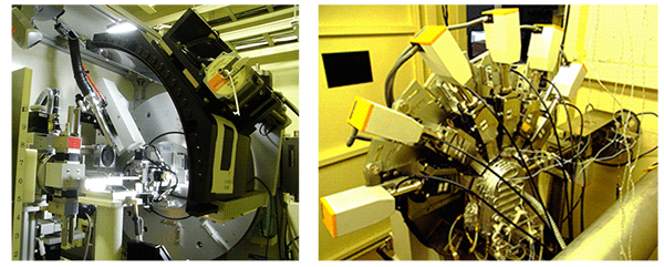 Photo 2: Photos of synchrotron X-ray diffractometers installed at BL19B2 of SPring-8 (left) and at BL-4B2 of PF@KEK (right).