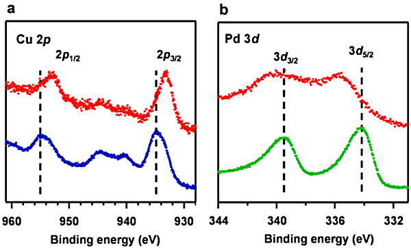 図4　HKUST-1(青)、立方体Pdナノ結晶＠HKUST-1(赤)および立方体Pdナノ結晶(緑)のX線光電子分光スペクトル