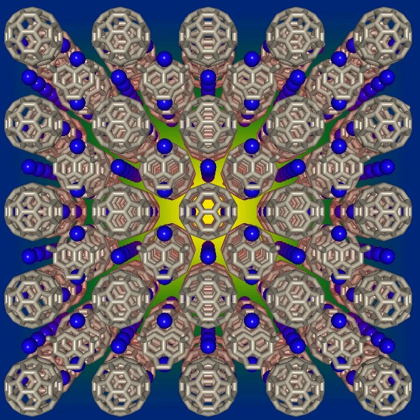 Fig. 1 Three-dimensional depiction of the crystal structure of the molecular fulleride superconductors investigated in this work.