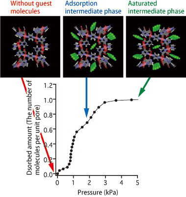 Fig. 4. Adsorption isotherm and crystal structures corresponding to three different adsorbed amounts.