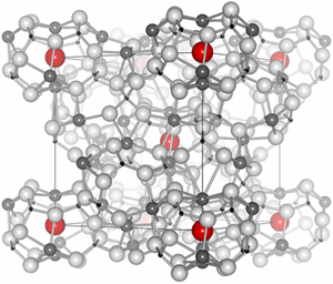 Fig. 1. Crystal structure of C12A7, which is comprised of nanocages (with or without trapped O2-). 