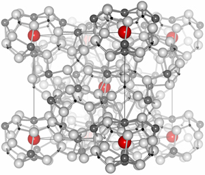 Fig. 1. Crystal structure of C12A7, which is comprised of nanocages (with or without trapped O2-).