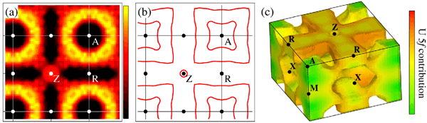 図3　今回の実験から得られたUFeGa<sub>5</sub>のフェルミ面および相対論的バンド理論によるフェルミ面