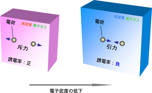 図1　正と負の誘電率をもつ電子ガスの中に置かれた電荷