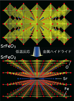  図1 SrFeO3（上）の低温反応により、平面四配位構造をもつSrFeO2（下）が得られた