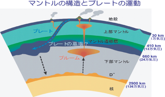 図３ マントルの構造と今回の研究から示唆されるマントル遷移層下部のプレートの墓場の存在