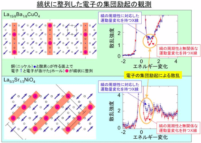 図３: 縞状に整列した電子の周期構造に対応する運動量変化（Q s）で測定した共鳴非弾性X線散乱スペクトル（青のデータ）と電子の周期構造と無関係な運動量変化で測定した共鳴非弾性X線散乱スペクトル（赤のデータ）の比較。