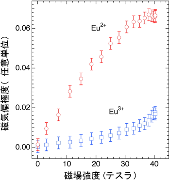 図４：ユーロピウム元素（Eu）の異なる電子価数状態（Eu2+、Eu3+）における磁気応答（磁気偏極度）の磁場依存性。