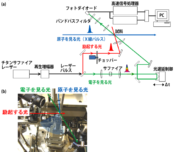 図2 (a)「励起する光」と「電子を見る光」の発生方法。(b)「励起する光」、「電子を見る光」、「原子を見る光」の配置図。