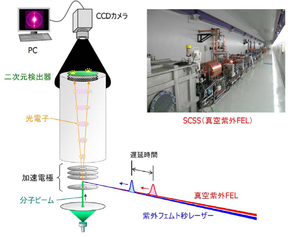 図1 真空紫外FELと紫外フェムト秒レーザーとを同期させた、時間分解光電子イメージング実験の装置模式図と、SCSS試験加速機の写真
