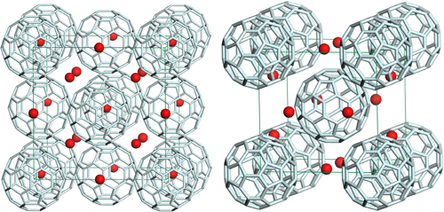 図1　フラーレン化合物Cs3C<sub>60</sub>の結晶構造。Tc=35Kを示す面心立方相(左)とTc=38Kを示すA15相(右)