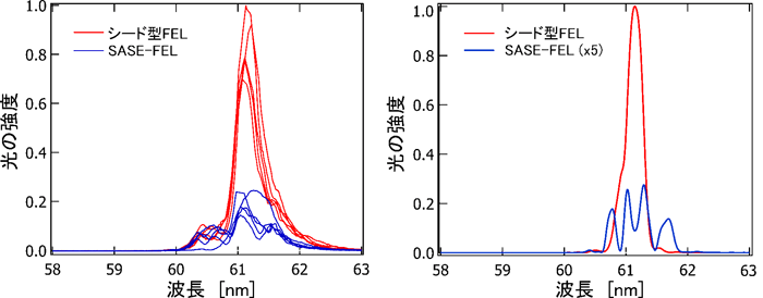 図3　(a):波長61nmにおけるSASE-FELとシード型FELのスペクトル、(b):シミュレーション結果