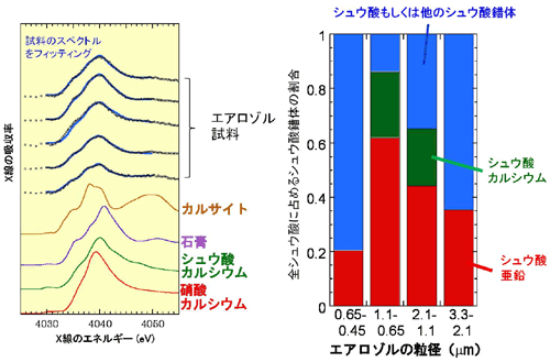 図３：カルシウムのK吸収端XAFSによるシュウ酸カルシウムの同定（左図）と全シュウ酸に占めるカルシウムおよび亜鉛錯体の割合（右図；エアロゾルの粒径に対してプロット）.