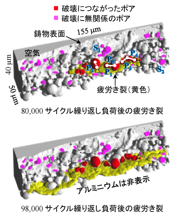 図３：疲労き裂発生とポア分布の統計解析結果。