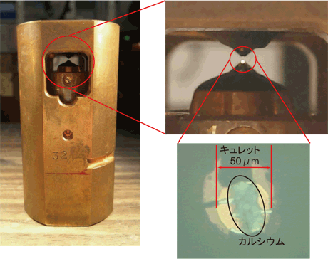 図2　高圧装置（ダイヤモンドアンビルセル：左）と高圧装置内部の試料回りの写真