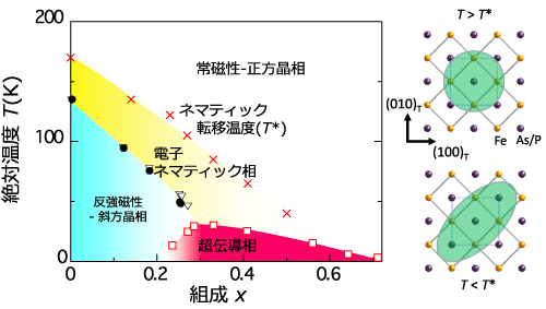 図2 鉄系超伝導体BaFe2(As1-xPx)2の温度-組成相図(左図)