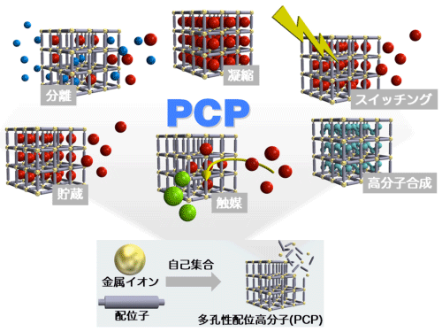 図1：多孔性配位高分子（PCP）の構築と多様な機能