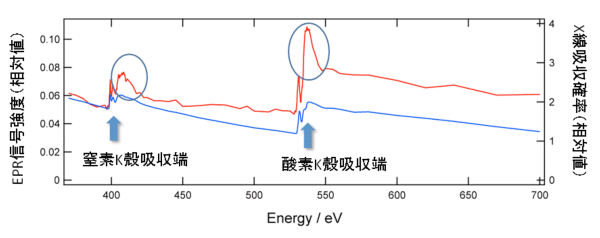 図2　窒素及び酸素のK殻吸収端におけるEPR信号の異常な増大