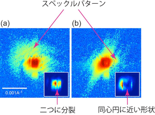 図2　シリコン単結晶薄膜から観測された特徴的なコヒーレントブラッグ回折パターン（対数表示）。右下には、パターンの中心部分を線形表示している。（a）転位を横切るようにX線を照射した場合、（b）転位芯にX線を照射した場合。