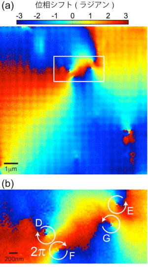 図3　（a）ブラッグX線タイコグラフィーによって得られたシリコン単結晶薄膜の位相シフト像。（b）（a）で四角で囲まれた領域の拡大像。