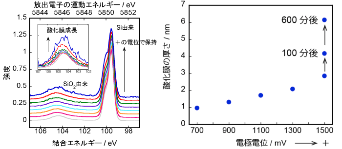図2. （左）さまざまな電位で測定したシリコン薄膜のXPSスペクトル。（右）XPSスペクトルから求めたシリコン酸化膜の厚さ変化。