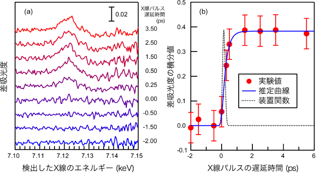 図2：（a）鉄シュウ酸錯体水溶液の反応前後の差吸収スペクトル　（b）差吸収スペクトルピークの時間変化の様子