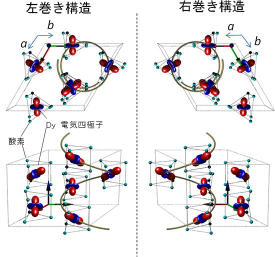 図3　本研究で明らかとなったDyFe3(BO3)4における結晶構造および電気四極子配列の鏡像異性体