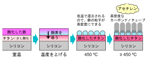 図8：解明された、STEP法によるカーボンナノチューブの“森”の高密度化の仕組み。