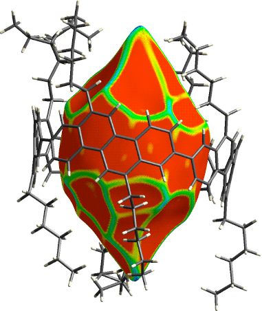 Fig. 1　Contacting surface of the encapsulated fullerene molecule in the finite carbon nanotube molecule with curvedness mapping