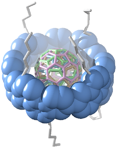 Fig. 2　Crystal structure of molecular peapod with four disordered fullerene molecules