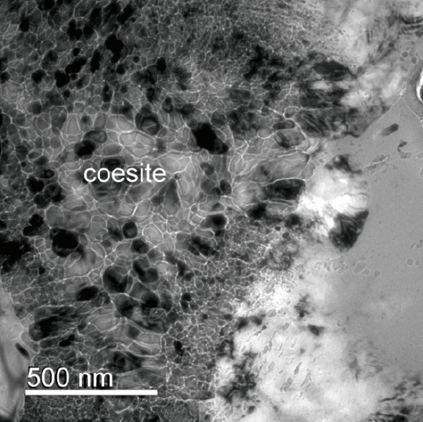 Electron microscopy image of high-pressure polymorph of silica (SiO<sub>2</sub>) coesite, discovered in Béréba meteorite