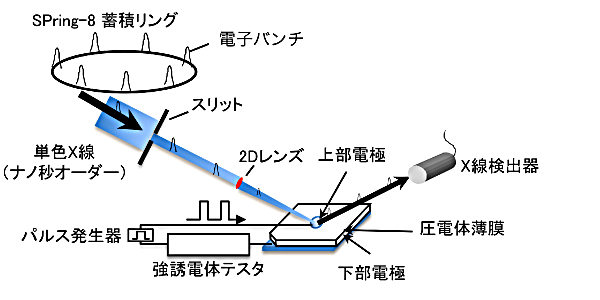 図１ 電界を加えた時の結晶の伸びと電気特性を直接測定できる測定システム
