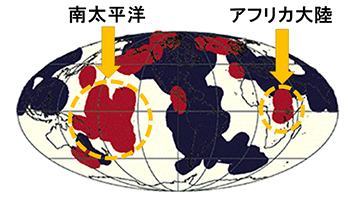 図1　赤色で示されるマントル底部での地震波超低速度領域